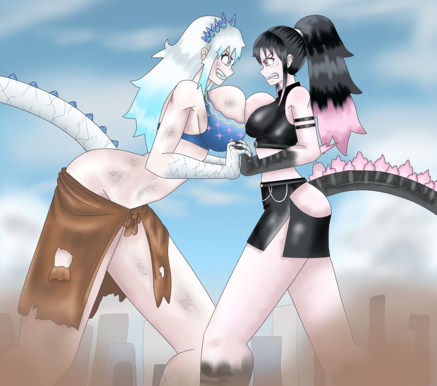 2girls angry angry_expression angry_face big_ass big_breasts big_butt big_thighs black_hair black_scales blue_eyes blue_hair blue_topwear breast_press claws clothing duo face_to_face female_only giantess godzilla godzilla_(series) godzilla_x_kong:_the_new_empire kaiju kaiju_girl leather leather_clothing leather_skirt leather_topwear light_skin monsterverse multicolored_hair multiple_girls pink_eyes pink_hair pushing_breasts_together ripped_clothing scales shimo_(kaiju) size_difference teeth tied_hair ultyde white_body white_hair white_skin