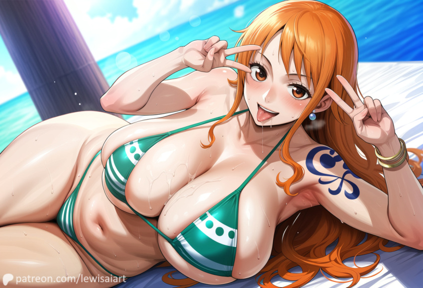 1girls ai_generated bare_arms bare_legs bare_shoulders bare_thighs big_breasts bikini bikini_bottom bikini_top blush blushing_at_viewer clothed clothing color female female_focus female_only hi_res large_breasts lewisai light-skinned_female light_skin long_hair looking_at_viewer nami nami_(one_piece) one_piece orange_eyes orange_hair post-timeskip shounen_jump slightly_chubby slightly_chubby_female solo solo_female swimsuit tagme thick_thighs water wet