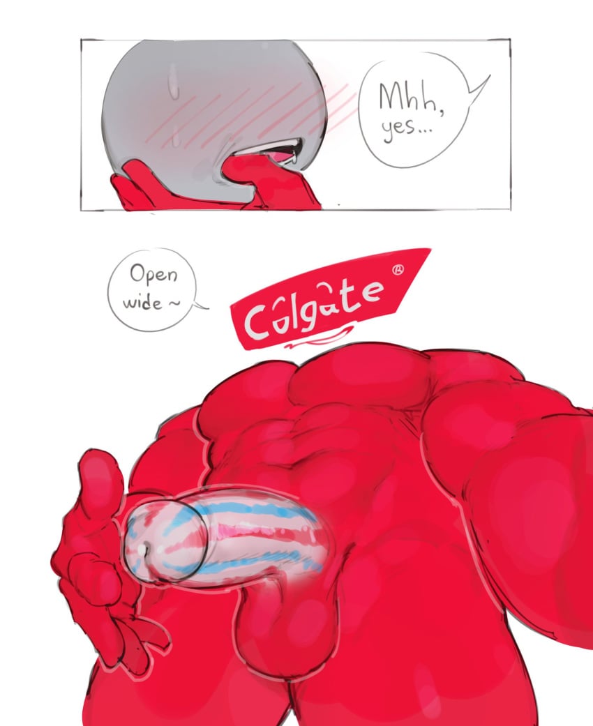 2boys abs anthro biting_own_lip blowjob blowjob_pov blush colgate colgate_(toothpaste) gay kogito male_only naked non_human nude opening_mouth penis red_skin sweatdrop toothpaste yaoi