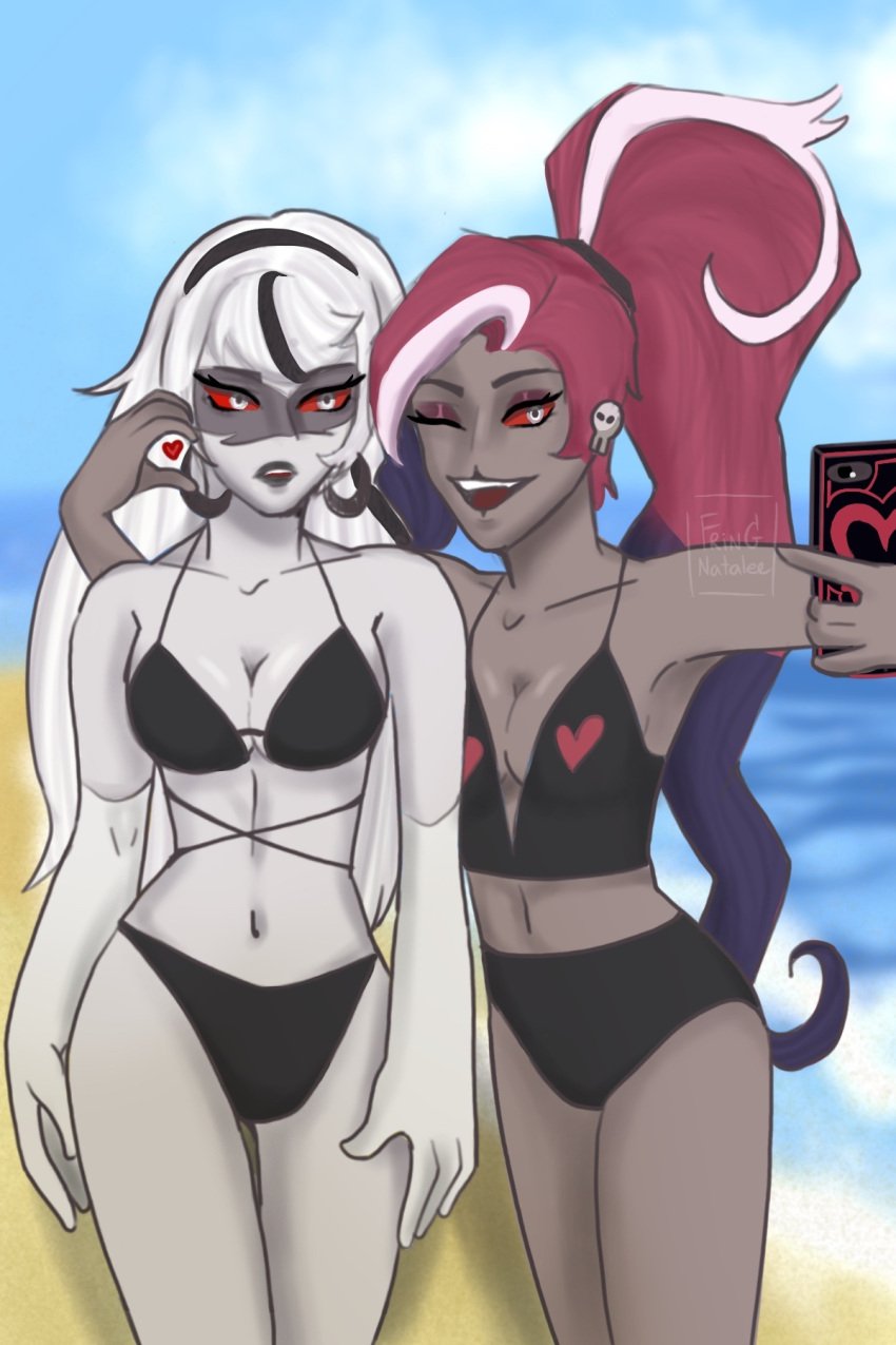 2girls age_difference beach bikini breasts carmilla_carmine cleavage demon_girl fringky5 hazbin_hotel selfie thighs velmilla velvette_(hazbin_hotel) vivienne_medrano vivziepop