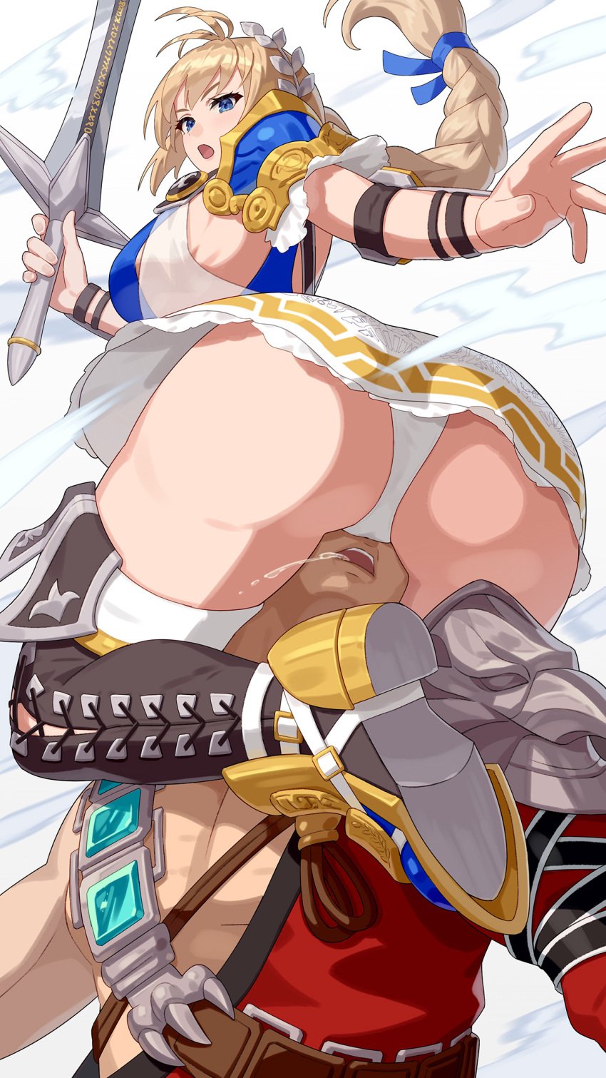 1boy 1girls big_butt blonde_hair blue_eyes braid braided_ponytail butt face_in_crotch femdom head_between_thighs headscissor highres kilik large_breasts long_hair long_ponytail looking_back open_mouth panties ponytail scissorhold sideboob sophitia_alexandra soul_calibur soul_calibur_vi squeezing sword thigh_boots thighs upskirt weapon white_panties yagi2105