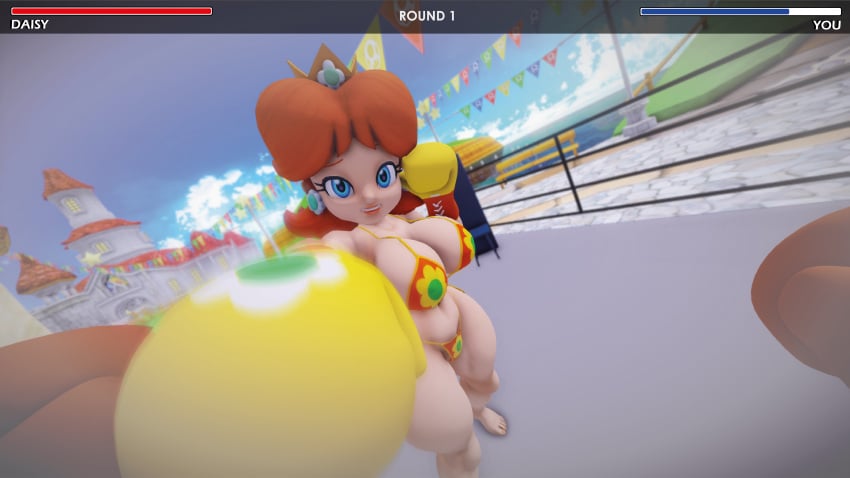 1boy 1girls 3d bikini boxing boxing_gloves boxing_ring breasts castle child_bearing_hips crown curvy curvy_female earring female female_focus fight fighting gameplay_mechanics light-skinned_female male male_pov mario_(series) mmd orange_bikini orange_hair outdoors outside princess princess_daisy punch red_boxing_gloves ryona smile smug super_mario_bros. swimsuit thighs ultimabox yellow_boxing_gloves