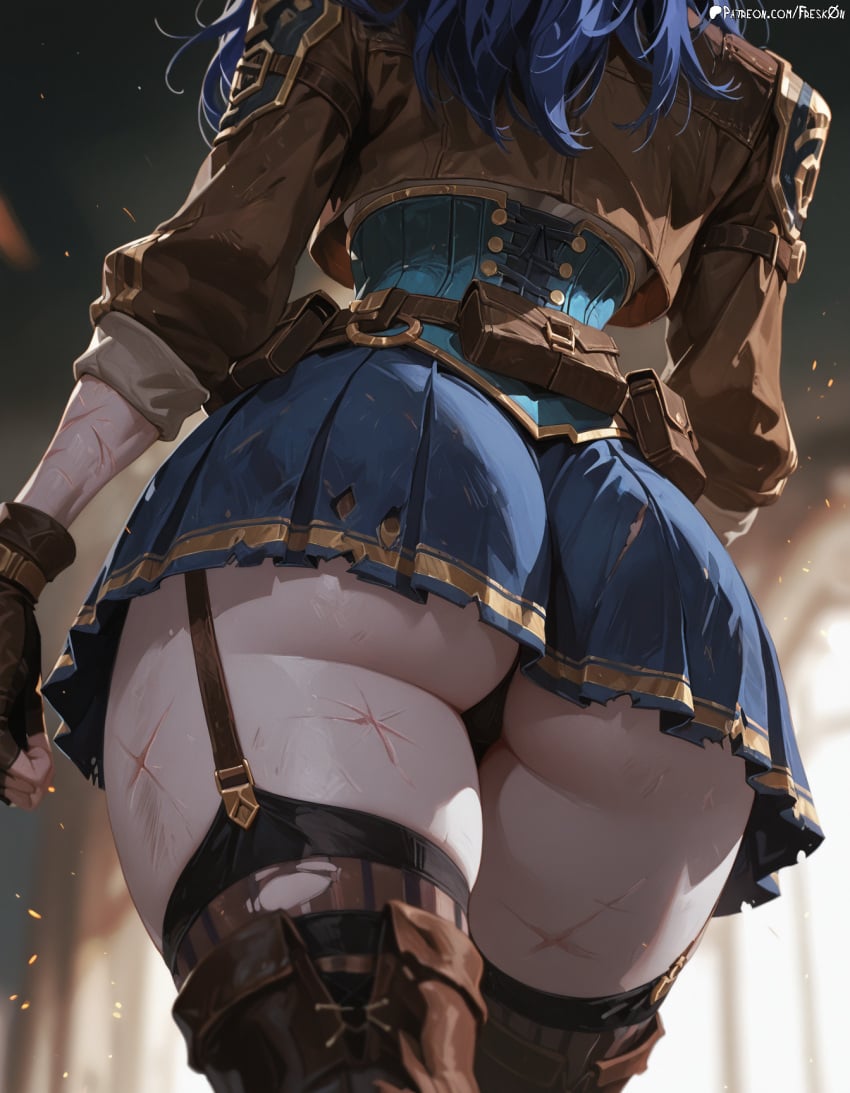 1girl ai_generated arcane arcane_caitlyn ass ass_focus black_gloves black_panties black_thighhighs blue_hair blue_skirt blurry blurry_background boots brown_gloves brown_jacket caitlyn_(league_of_legends) caitlyn_kiramman corset cropped_jacket fingerless_gloves fresk0n from_behind garter_straps gloves jacket league_of_legends long_hair long_sleeves miniskirt panties patreon_username pleated_skirt pouch riot_games scar skirt solo thick_thighs thighhighs thighs torn_clothes torn_thighhighs underbutt underwear