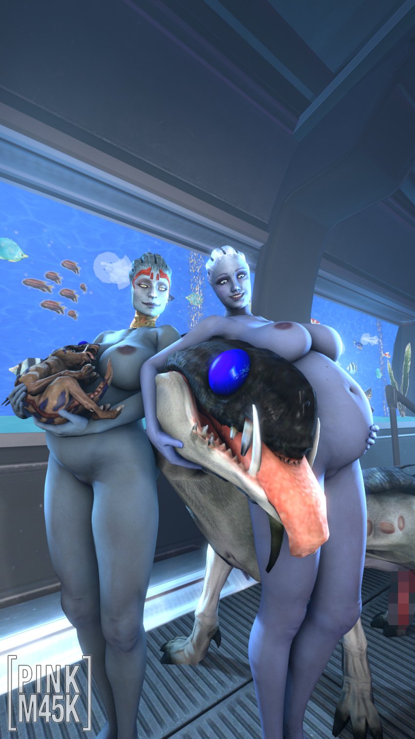 2animals 2girls 3d 3d_(artwork) alien alien_girl asari belly big_belly big_breasts blue_skin breasts censored completely_nude female feral feral_on_female group hand_on_belly interspecies_pregnancy liara_t'soni male mass_effect mass_effect_2 mosaic_censoring multiple_girls multiple_pregnancies nipples nude nude_female pinkm45k pregnant samara tongue tongue_out varren zoophilia