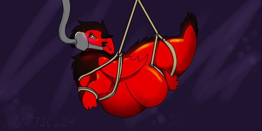 absurd_res anthro bondage bound cyrus_(magicbees) dragon force_feeding forced funnel_in_mouth hi_res inflation male male/male muzzle_(object) muzzled mythological_creature mythological_scalie mythology overfed rope scalie solo suspension synthet1c