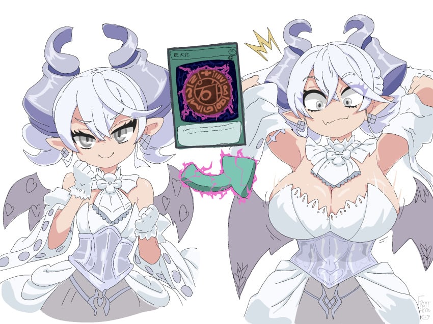 1girls breasts demon_girl demon_horns duel_monster expansion female fruitheadart healerart labrynth_of_the_silver_castle lovely_labrynth_of_the_silver_castle megamorph monster_girl smile solo white_background wings yu-gi-oh!