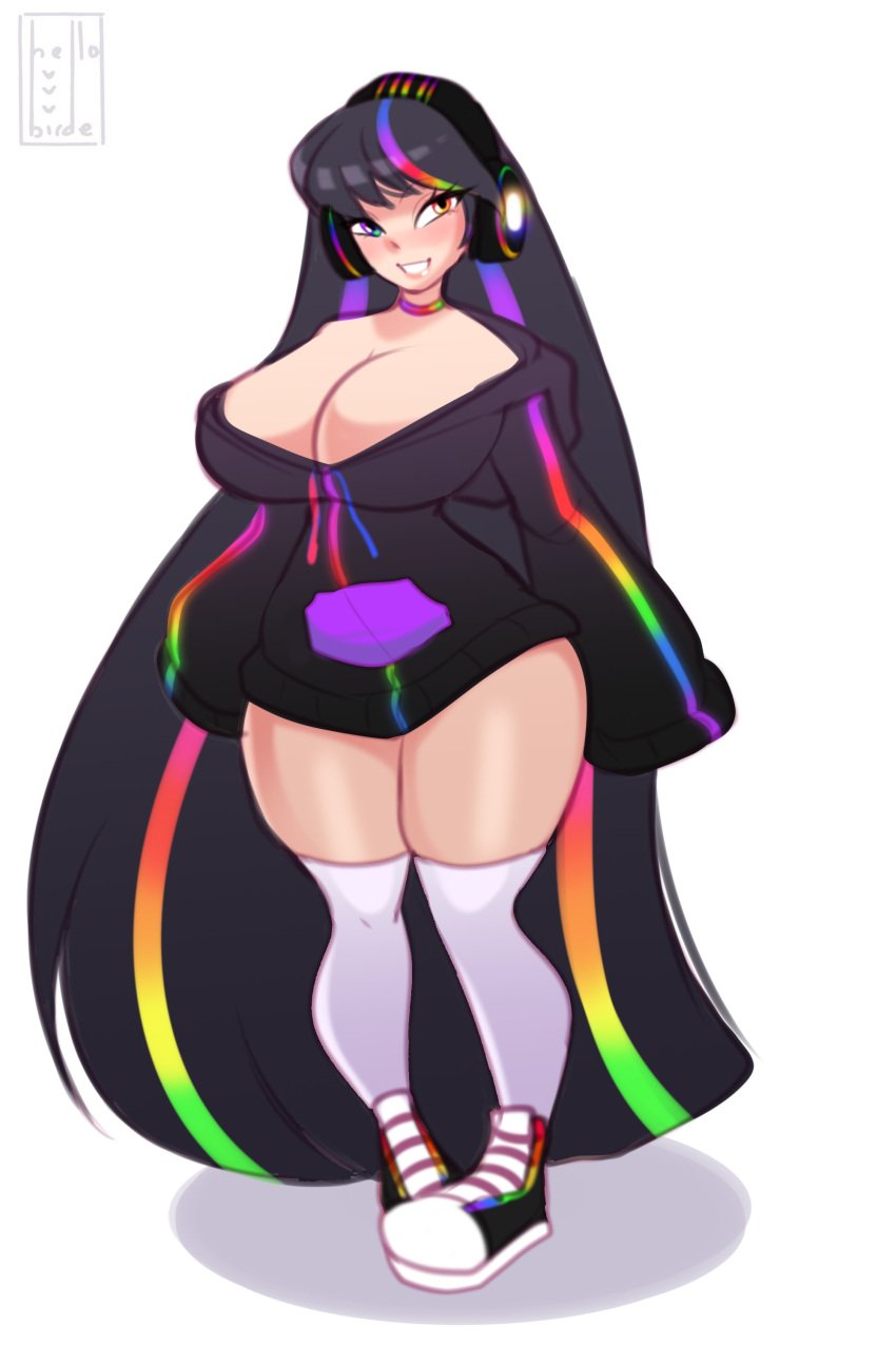 1girls alternate_version clothed colored_hair commission commissioner_upload daisycandy female headphones hellobirde heterochromia hoodie large_breasts large_thighs long_hair long_sleeves rgb-gal stockings