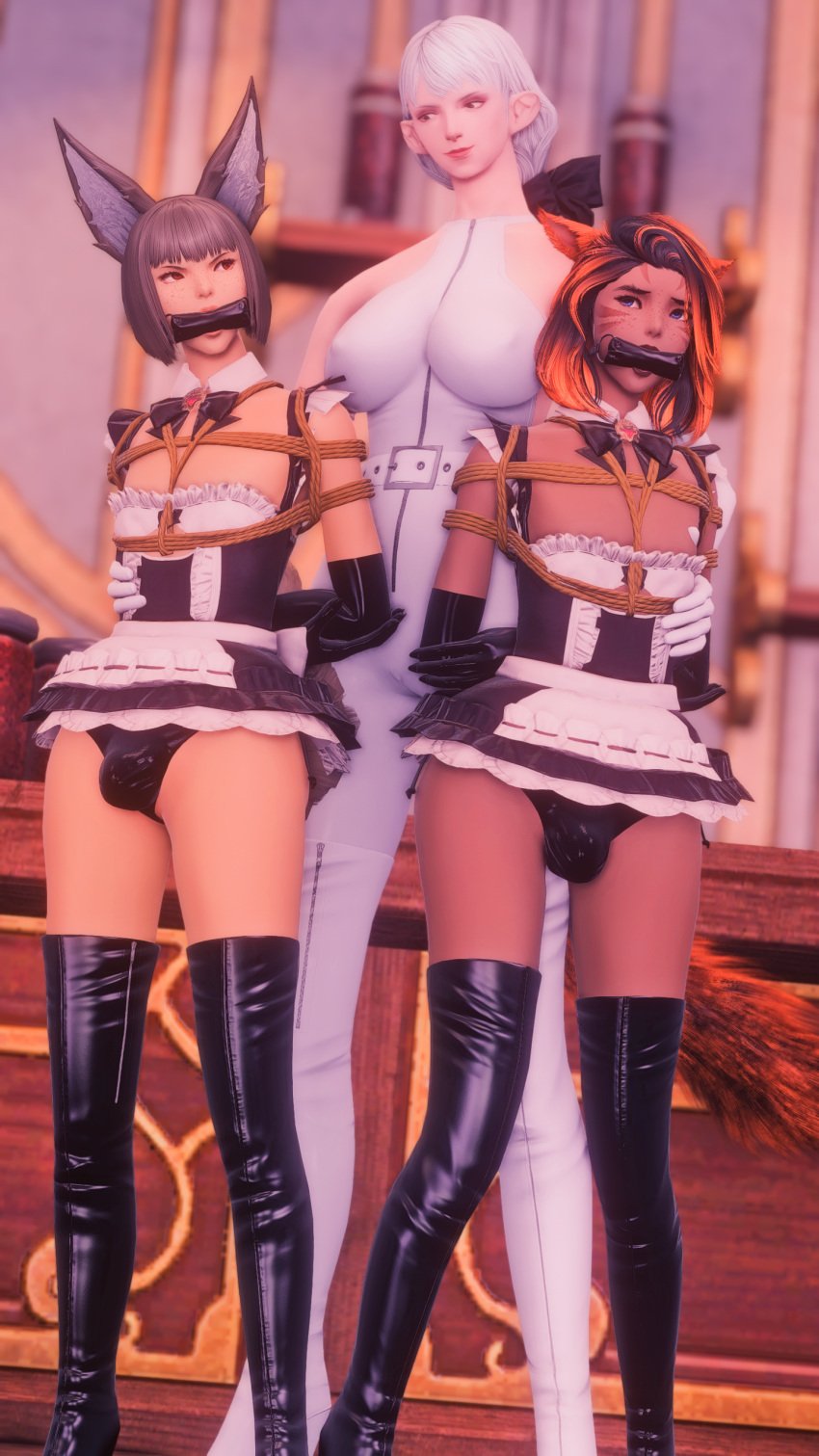 1girls 2boys 3d 3d_(artwork) ameliance_leveilleur angry bit_gag bondage bulge bulge_through_clothing dominatrix elezen femboy final_fantasy final_fantasy_xiv gag kisa_kha latex maid maid_cafe maid_uniform milf miqo'te panties rope rope_bondage trap