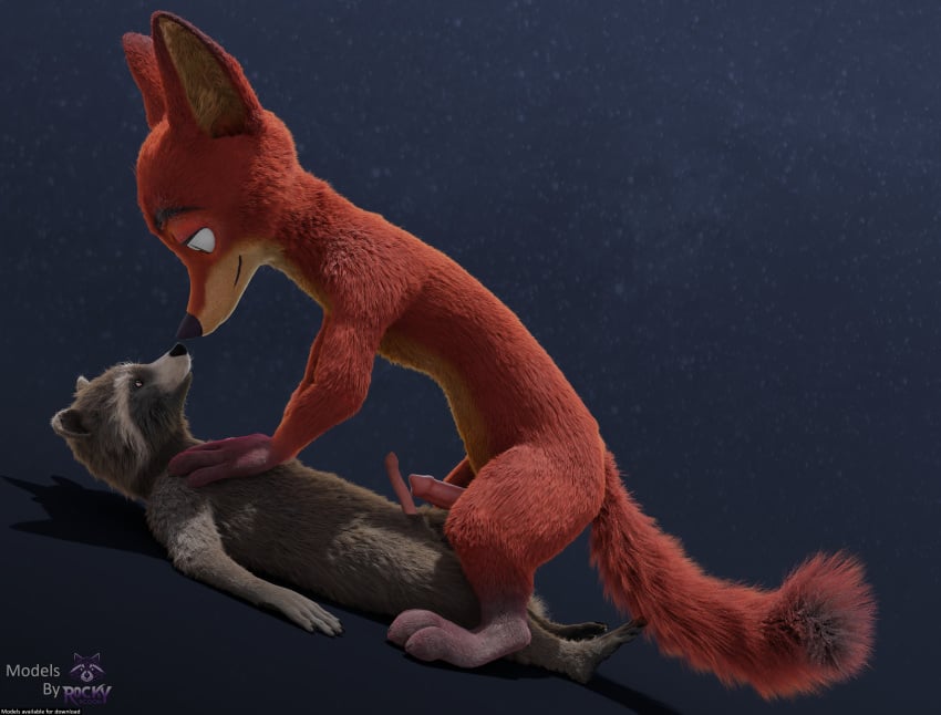 3d_(artwork) absurd_res animal_genitalia animal_penis anthro belly black_nose blender_(software) brown_body brown_fur canid canine canine_genitalia canine_penis crossover crossover_ship digital_media_(artwork) disney duo english_text erection facial_markings facing_each_other fluffy fluffy_tail fox fur genitals gloves_(marking) guardians_of_the_galaxy half-closed_eyes head_markings hi_res knot lying male male/male mammal markings marvel mask_(marking) narrowed_eyes nick_wilde on_back orange_body orange_fur pawpads penis procyonid raccoon red_fox rocket_raccoon rockyrcoon sex simple_background size_difference slightly_open_mouth smile tail text true_fox whiskers white_muzzle zootopia