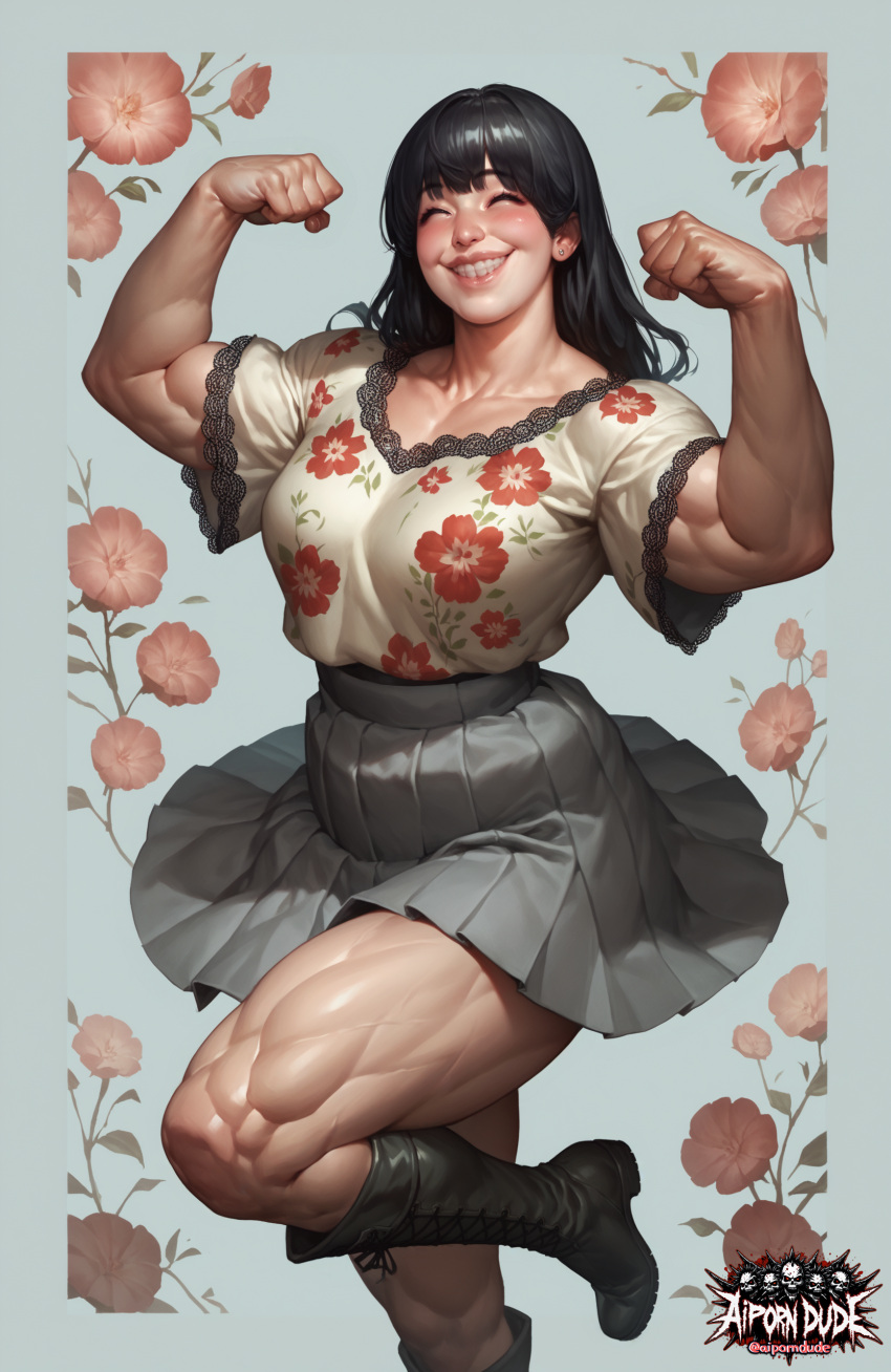 1girls ai_generated aiporndude bangs bicep_curl biceps black_hair blush blush boots closed_eyes cute cute_face earrings excited female flower flowers leg_up muscles muscular muscular_female oversized_clothes pleated_skirt pose shiny shiny_hair shiny_skin shirt skirt smile smiling teeth teeth_showing wrestler wrestling