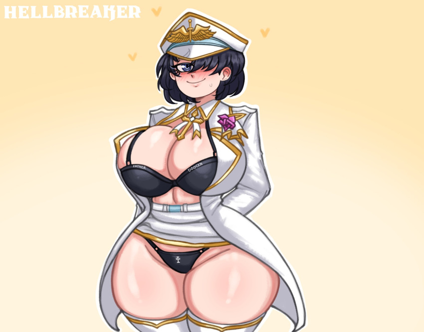 2d absurd_res angel angel_general_(helltaker) archangel_(helltaker) bangs_over_one_eye black_hair blue_eyes blush bra breasts cleavage curvy curvy_female curvy_figure digital_media doocen hair_covering_eyes hat hearts helltaker hourglass_figure huge_breasts huge_thighs looking_at_viewer michael_(helltaker) military_uniform open_clothes panties short_hair skirt_lift thick_thighs thighhighs underwear voluptuous voluptuous_female white_uniform