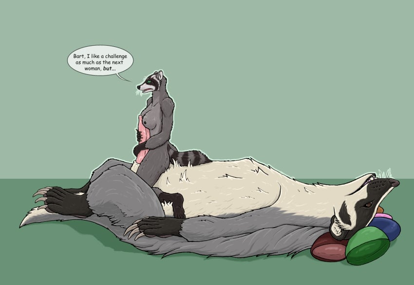 2024 anthro anthro_on_feral badger bartleby_(strega) biped bodyjob breasts brown_eyes claws dialogue duo english_text erection female feral fur genitals green_eyes grey_body grey_fur handjob hi_res hug larger_feral larger_male lying male male/female mammal markings mustelid musteline nipples on_back penile penis penis_hug pillow procyonid quadruped raccoon sex short_tail size_difference smaller_anthro smaller_female snout speech_bubble strega striped_markings striped_tail stripes tail tail_markings text whiskers zoophilia