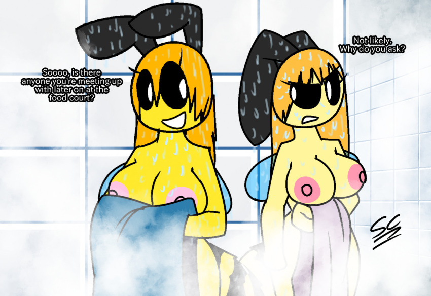 2020 2girls antennae beatrice_(stormcloudsart) bee bee_girl big_breasts black_sclera blonde_hair bonnie_(stormcloudsart) breasts completely_nude completely_nude_female female female_only insect long_hair multiple_girls nude nude_female original pink_nipples shower stormcloudsart thick_thighs towel wet white_eyes wings yellow_body