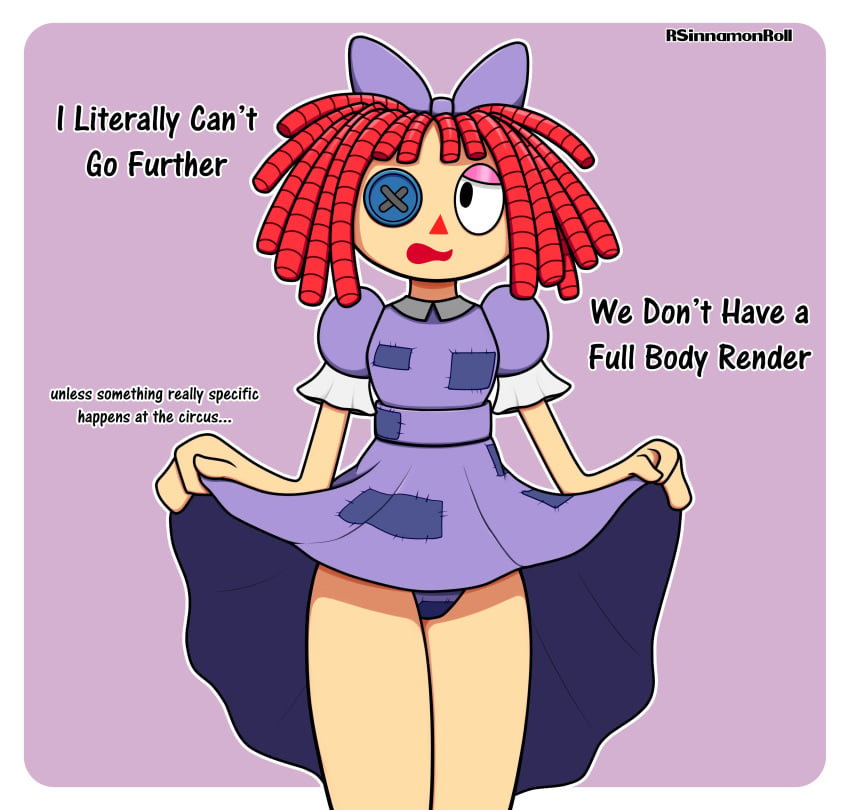 button button_eye doll doll_girl dress english_text image_set panties purple_dress ragatha ragatha_(the_amazing_digital_circus) red_hair ribbon rsinnamonroll text the_amazing_digital_circus