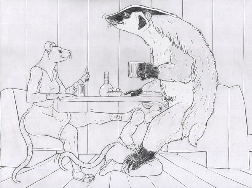 2021 anthro anthro_on_feral anthro_penetrated assisted_sex badger bartleby_(strega) claws deep_throat eating feet fellatio female feral feral_penetrating feral_penetrating_anthro foot_on_back greyscale group hand_in_pants hi_res male male/male male_penetrated male_penetrating male_penetrating_male mammal monochrome mug murid murine mustelid musteline neck_bulge obscured_penetration oral oral_penetration penetration penile penile_penetration penis_in_mouth rat rat_tail rodent sex short_tail snout strega tail trio whiskers zoophilia