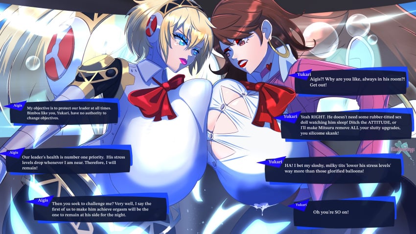 2girls absurd_res aigis_(persona) android android_girl atlus blonde_hair blue_eyes blue_eyeshadow breast_focus breast_to_breast breasts breasts_bigger_than_head brown_eyes brown_hair brown_hair choker cleavage clothed competition earrings fully_clothed heart_choker hi_res hoop_earrings huge_breasts lactation lactation_through_clothes large_breasts persona persona_3 pink_lipstick red_eyeshadow red_lipstick ribbon robot robot_girl sega straining straining_buttons straining_clothing text_box xendrawsseggs xendrawsthings yukari_takeba