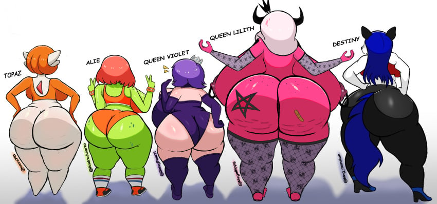 5girls alie_(androjuniarto) alien alternate_color ass ass_bigger_than_head ass_comparison ass_focus ass_size_chart big_breasts breasts_bigger_than_head crossover demon demon_girl furry gardevoir generation_3_pokemon green_skin hands_on_ass hands_on_hips huge_ass huge_breasts hyper hyper_ass hyper_breasts lineup milf nintendo oc original original_character pokémon_(species) pokemon pokemon_(species) queen queen_lilith_(megabippy) queen_violet_(daisy-pink71) ssleviathann succubus succubus_queen tagme topaz_(caveman147)