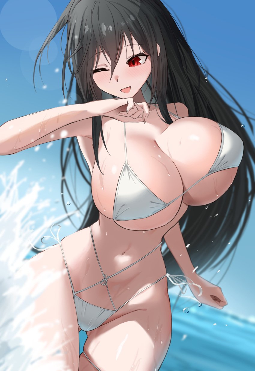 1girls azur_lane belly_button bikini black_hair blush bouncing_breasts breasts cleavage female female_only huge_breasts light-skinned_female light_skin one_eye_closed outdoors red_eye rk_(cc15915r) sakura_empire_(azur_lane) solo splash splashing splashing_water swimsuit taihou_(azur_lane) taihou_(seaside_daydreams)_(azur_lane) water white_bikini