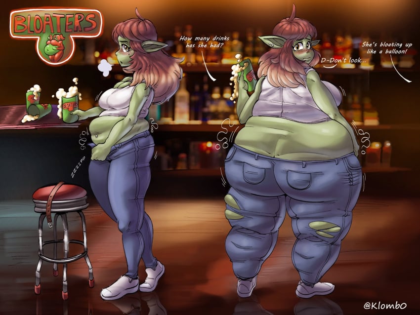 1girls ass_cleavage ass_expansion bar beer_inflation belly_expansion belt big_ass big_belly big_breasts bloated bloated_belly blush blushing_at_viewer breast_expansion cleavage crop_top dialogue drink drink_inflation drinking earrings embarrassed expansion fat_fetish food_inflation goblin goblin_female green_skin growing_out_of_clothes holding_cup holding_drink holding_object inflation jeans klomb0 long_hair navel navel_piercing nervous piercing pointy_ears rapid_weight_gain ripped_clothing tagme unbuckled_belt weight_conscious