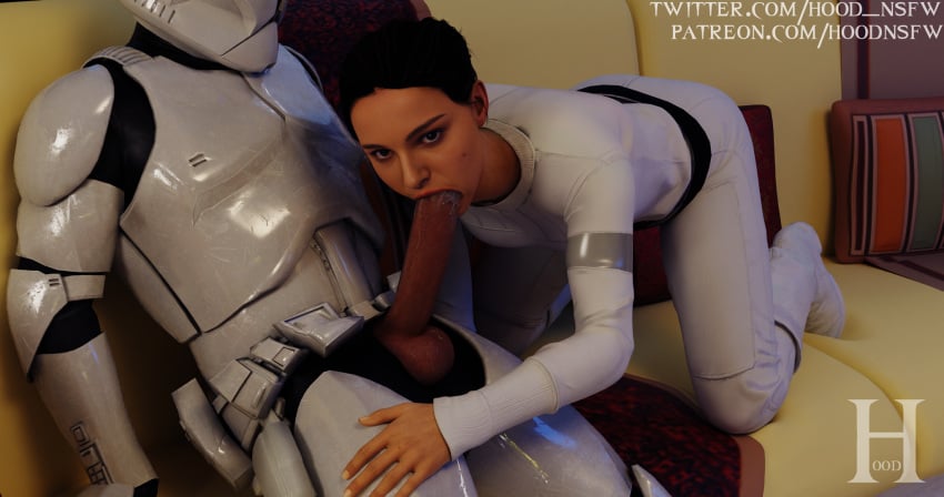 1boy 1girls attack_of_the_clones black_hair blowjob blowjob_face clone_trooper clothed_sex fellatio female human human_only looking_at_viewer looking_pleasured male natalie_portman padme_amidala sfm_hood small_breasts star_wars straight unseen_male_face