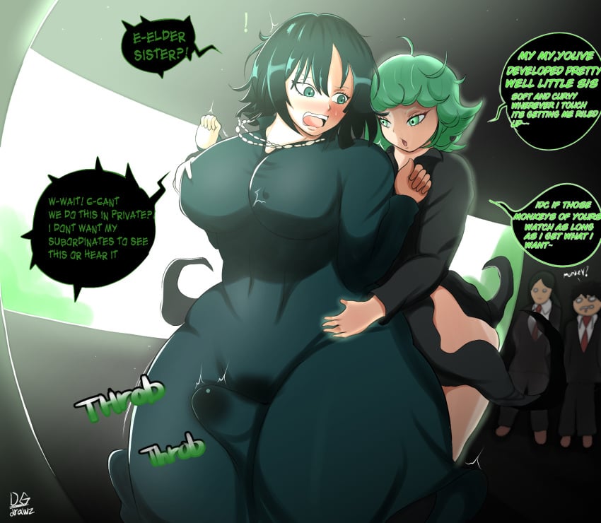 1futa 1girls 2boys breasts bulge clothed clothing dgdrawz dialogue english_text erection female flustered fubuki_(one-punch_man) fully_clothed futanari green_hair groping_from_behind huge_cock huge_hips human incest light-skinned_female light-skinned_futanari light_skin male one-punch_man penis poll_winner precum sex_under_clothes short_hair sisters standing tatsumaki text thick_thighs thigh_sex wide_hips