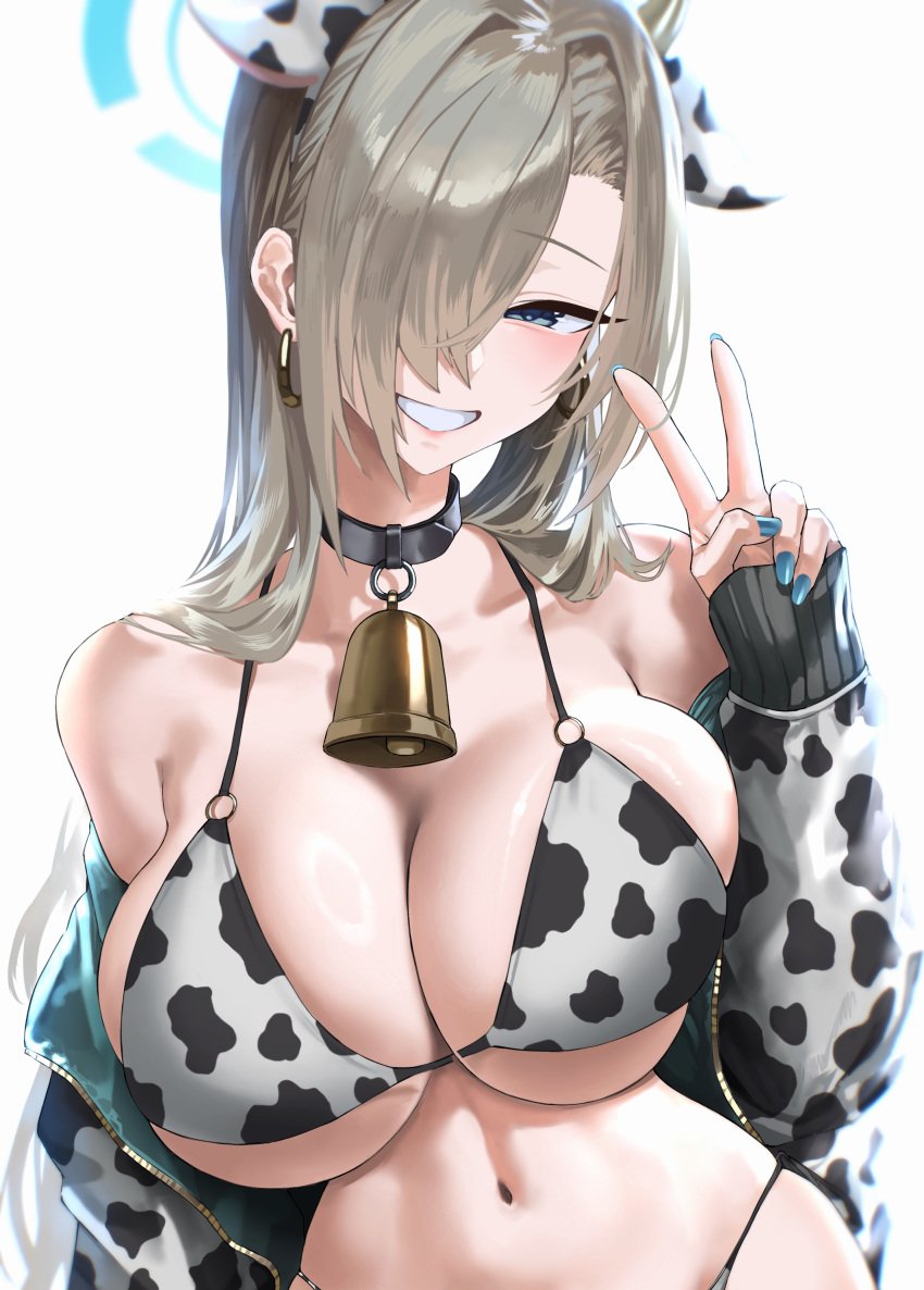 1girls asuna_(blue_archive) blonde_hair blue_archive blue_eyes breasts cow_print cow_print_bikini female hair_over_one_eye hi_res huge_breasts kazane-wind light-skinned_female light_skin long_hair naughty_face smile