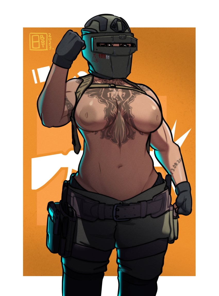 1girls 8botfunpunch breasts breasts_out chest_tattoo female female_only fingerless_gloves flexing flexing_bicep genderswap_(mtf) helmet mtf_transformation no_bra rainbow_six_siege rule_63 rule_63 rule_63 solo solo_female tachanka_(rainbow_six) tattoo tattoos toned toned_female topless