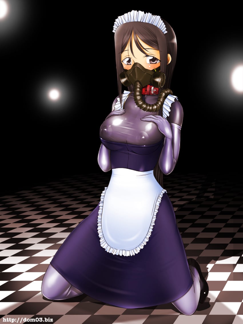 apron blush brown_eyes brown_hair checkered checkered_floor collar dom03 elbow_gloves female female_only gloves highres latex latex_clothing latex_gloves leather_collar long_gloves long_hair maid maid_apron maid_headdress mary_janes rubber rubber_clothing shiny_clothes shoes thighhighs tight_clothing