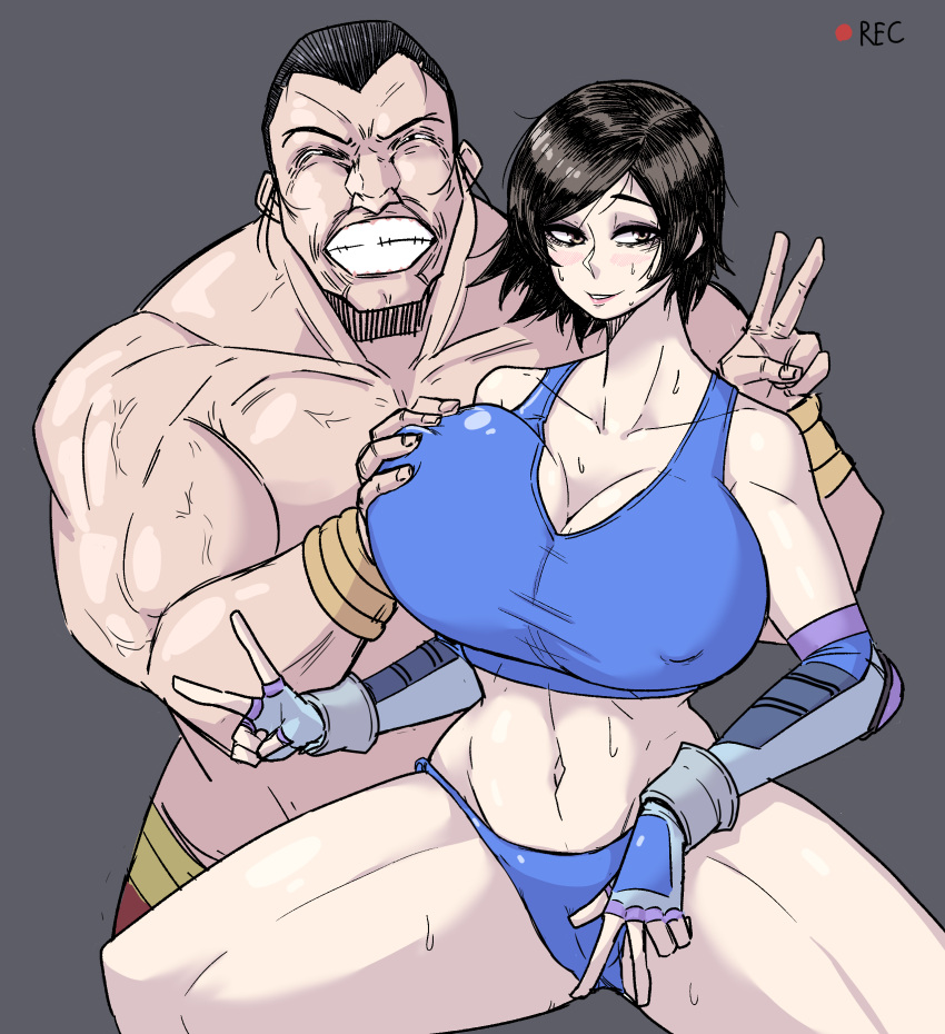 1boy 1girls big_breasts blue_sports_bra breasts busty cheating curvaceous curvy curvy_body curvy_female curvy_figure escape1111 female huge_breasts kazama_asuka large_breasts namco peace_sign sports_bra tekken thick_thighs tomboy v_sign voluptuous