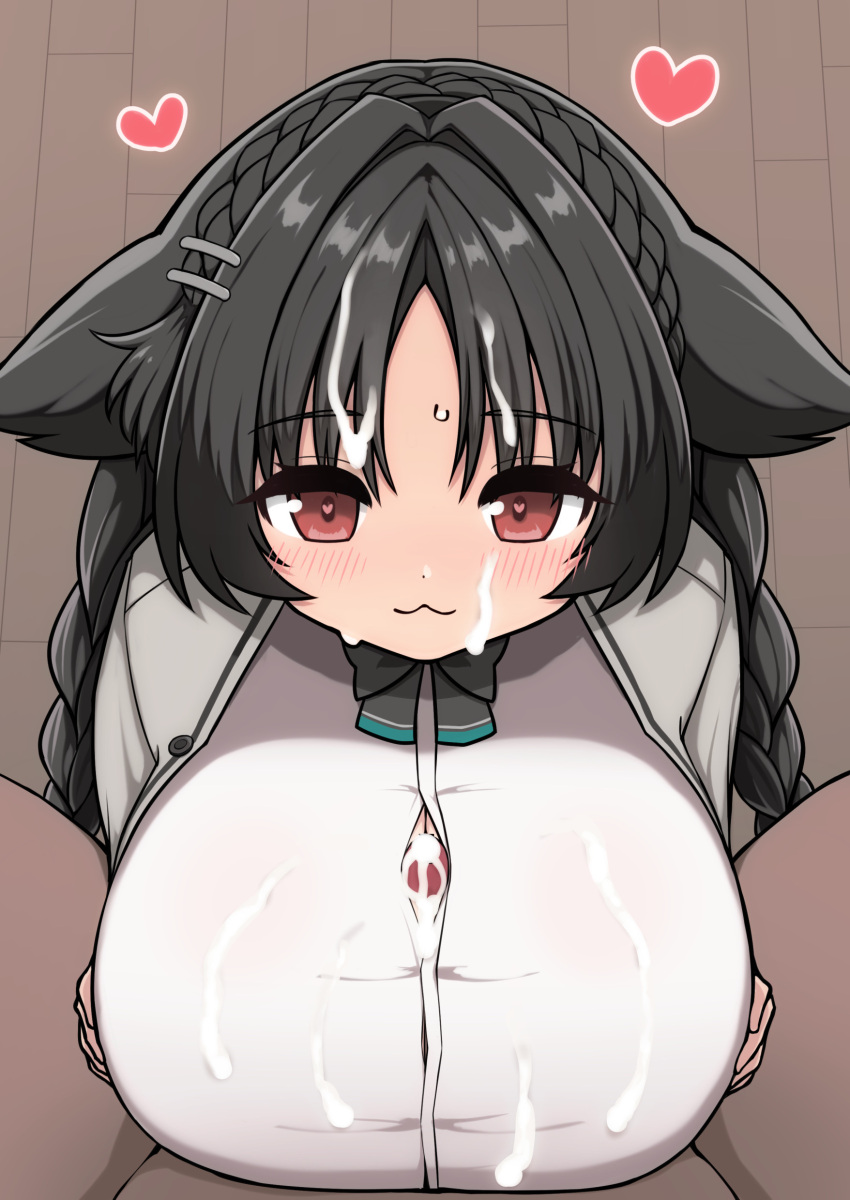 1boy 1girls :3 animal_ears azur_lane bar_censor black_hair blush breasts cat_ears catgirl censored cum cum_on_clothes cum_on_face cum_on_hair dark-skinned_male dark_skin heart-shaped_pupils hibashiro_(fire_masshiro) huge_breasts indoors light-skinned_female light_skin male_pov ooshio_(azur_lane) ooshio_(let's_'ave_lunch)_(azur_lane) paizuri paizuri_lead_by_female paizuri_under_clothes penis pov red_eyes sakura_empire_(azur_lane) symbol-shaped_pupils