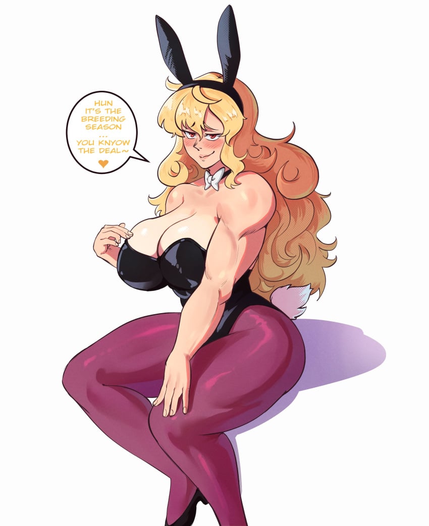 1girls 2024 big_breasts blonde_hair blush bunny_ears bunnysuit dialogue english_text female female_only heart hentaly long_hair looking_at_viewer neck_ribbon pantyhose red_eyes rwby sitting smiling smiling_at_viewer solo speech_bubble thick_thighs very_high_resolution white_background yang_xiao_long