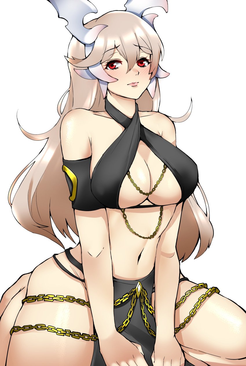 1340smile 1girls absurdres alternate_costume bare_shoulders black_dress breasts chain corrin_(female)_(fire_emblem) corrin_(fire_emblem) corrin_(fire_emblem)_(female) dress female female_only fire_emblem fire_emblem_fates grey_hair halterneck harem_outfit highres horns large_breasts long_hair looking_at_viewer medium_breasts meme_attire midriff navel nintendo pelvic_curtain red_eyes seiza simple_background sitting solo stomach thighs very_long_hair white_background yomorio_lingerie