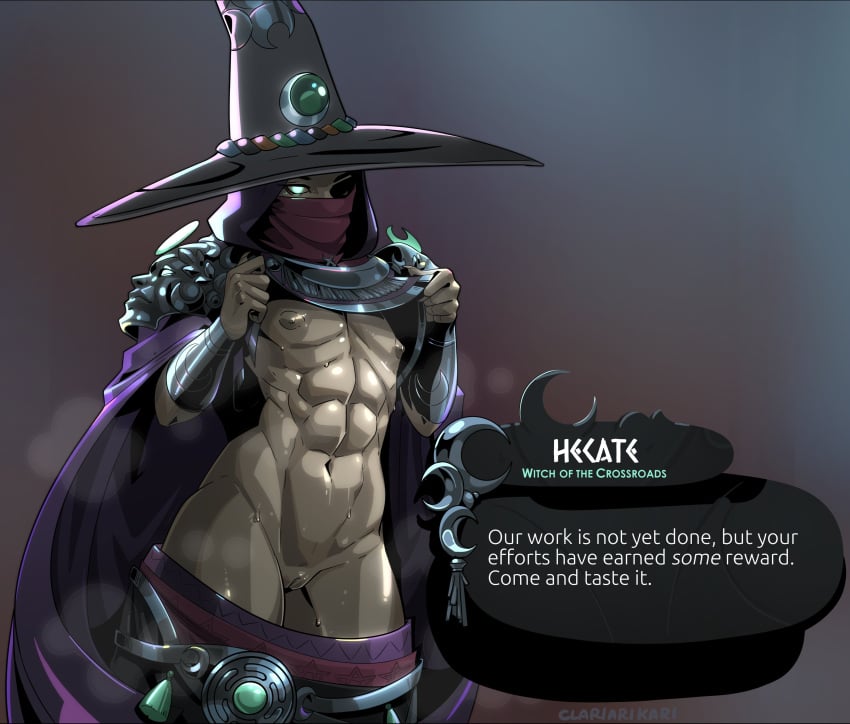 abs absurdres armor breasts clariarikari cloak dark_skin english_text female glowing glowing_eyes greek_mythology hades_(game) hades_2 hat hecate hecate_(hades) highres looking_at_viewer mask mouth_mask muscular muscular_female pussy shoulder_armor small_breasts solo speech_bubble supergiant_games sweat text titaness toned undressing witch_hat