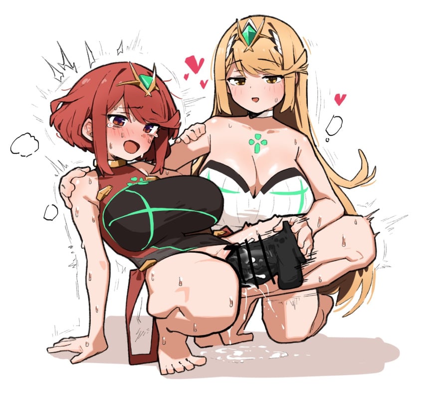 2girls arm_around_shoulder arm_support bar_censor bare_shoulders blonde_hair blush breasts censored chest_jewel cleavage clothing_aside core_crystal_(xenoblade) dildo dress female fried_bocky gem half-closed_eyes hand_on_another's_arm hand_on_another's_shoulder headpiece heart highres holding holding_sex_toy huge_dildo kneeling large_breasts leaning_back leotard leotard_aside long_hair looking_at_another moaning motion_lines multiple_girls mythra mythra_(xenoblade) object_insertion open_mouth pussy pussy_juice pussy_juice_puddle pyra pyra_(xenoblade) red_eyes red_hair sex_toy shadow shiny_skin short_hair simple_background smile spread_legs squatting sweat swept_bangs tears tiara trembling vaginal_object_insertion vaginal_penetration white_background white_dress xenoblade_chronicles_(series) xenoblade_chronicles_2 yellow_eyes