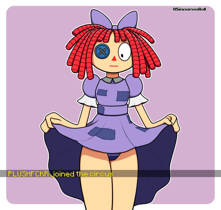 button button_eye doll doll_girl dress english_text image_set panties purple_dress ragatha ragatha_(the_amazing_digital_circus) red_hair ribbon rsinnamonroll surprised surprised_expression text the_amazing_digital_circus