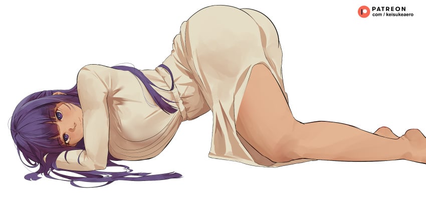 1girls ass_up clothed clothes feet female female_only fern_(sousou_no_frieren) full_body keisuke_aero laying laying_on_floor laying_on_ground purple_eyes purple_hair sousou_no_frieren thick thick_thighs thighs