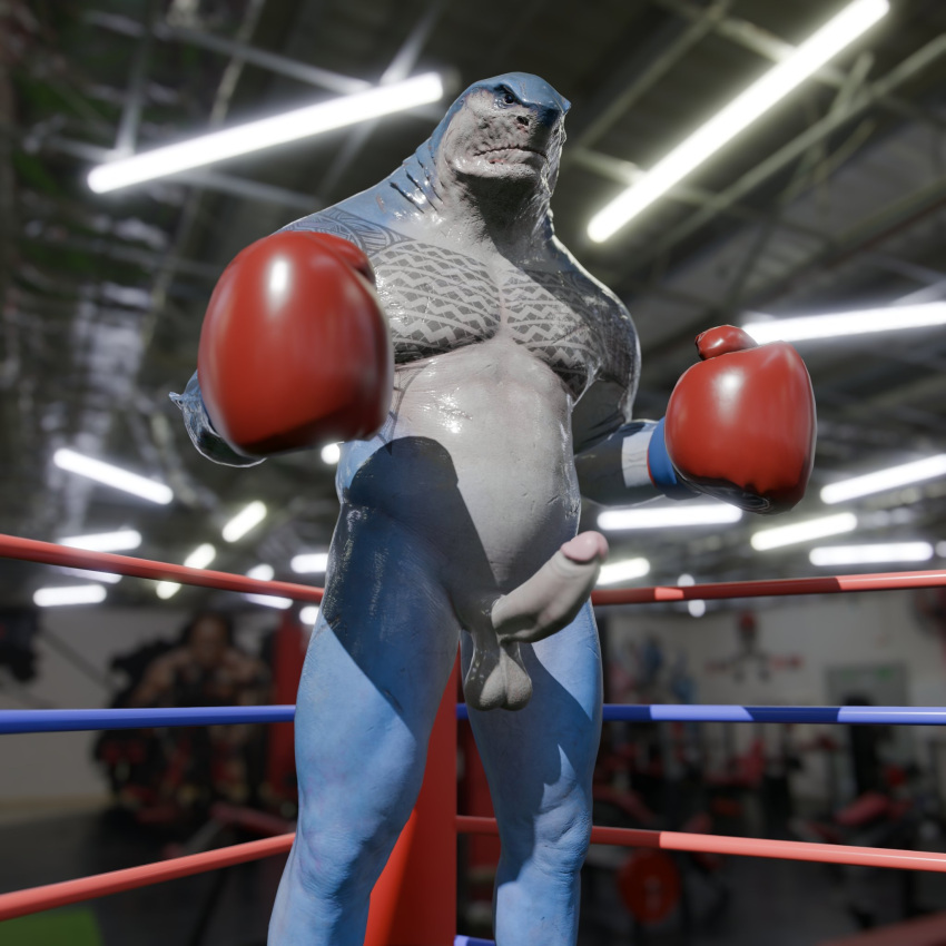 balls boxing_gloves boxing_ring dc_comics erection king_shark male_only masculine penis shark shark_humanoid solo solo_male standing suicide_squad suicide_squad:_kill_the_justice_league