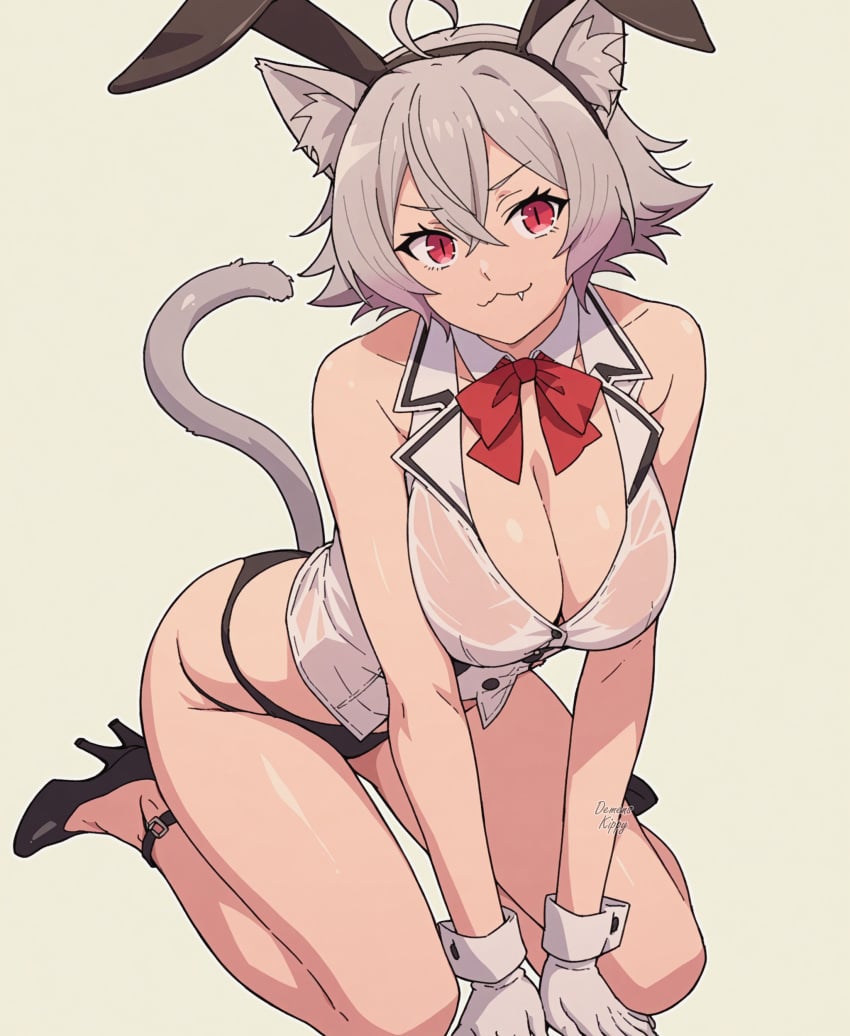 1female 1girls :3 ai_generated anthro bangs big_breasts breasts bunny_girl cat_ears cat_tail catgirl commentary_request demens_kippy english_commentary fangs female female_only hi_res high_heels highres light-skinned_female linia_dedoldia looking_at_viewer mushoku_tensei short_hair solo solo_female tagme tail very_high_resolution wariza wet_clothes wet_topwear