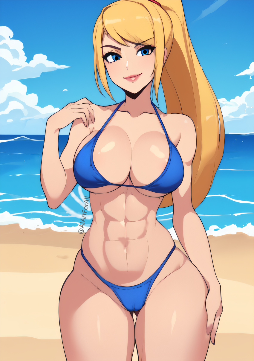 abs ai_generated aiartforall beach bikini blonde_hair blue_eyes cameltoe collarbone eyebrows_visible_through_hair looking_at_viewer medium_breasts metroid nintendo ocean ponytail samus_aran sand smile thighs