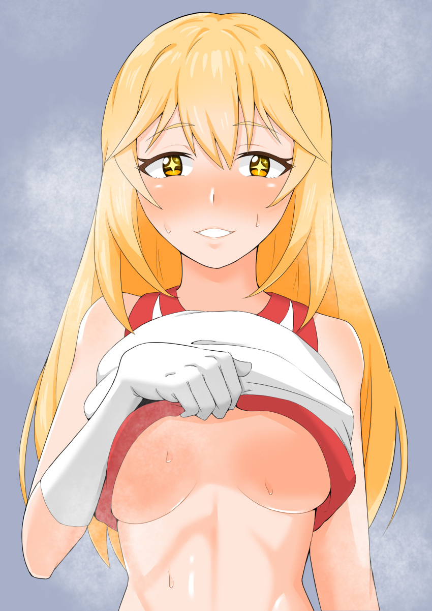 1girls blonde_hair blush breasts female female_only large_breasts shirt_lift shokuhou_misaki showing_breasts sparkling_eyes teenage_girl teenager to_aru_majutsu_no_index tokiwadai_school_gym_uniform underboob yellow_eyes young