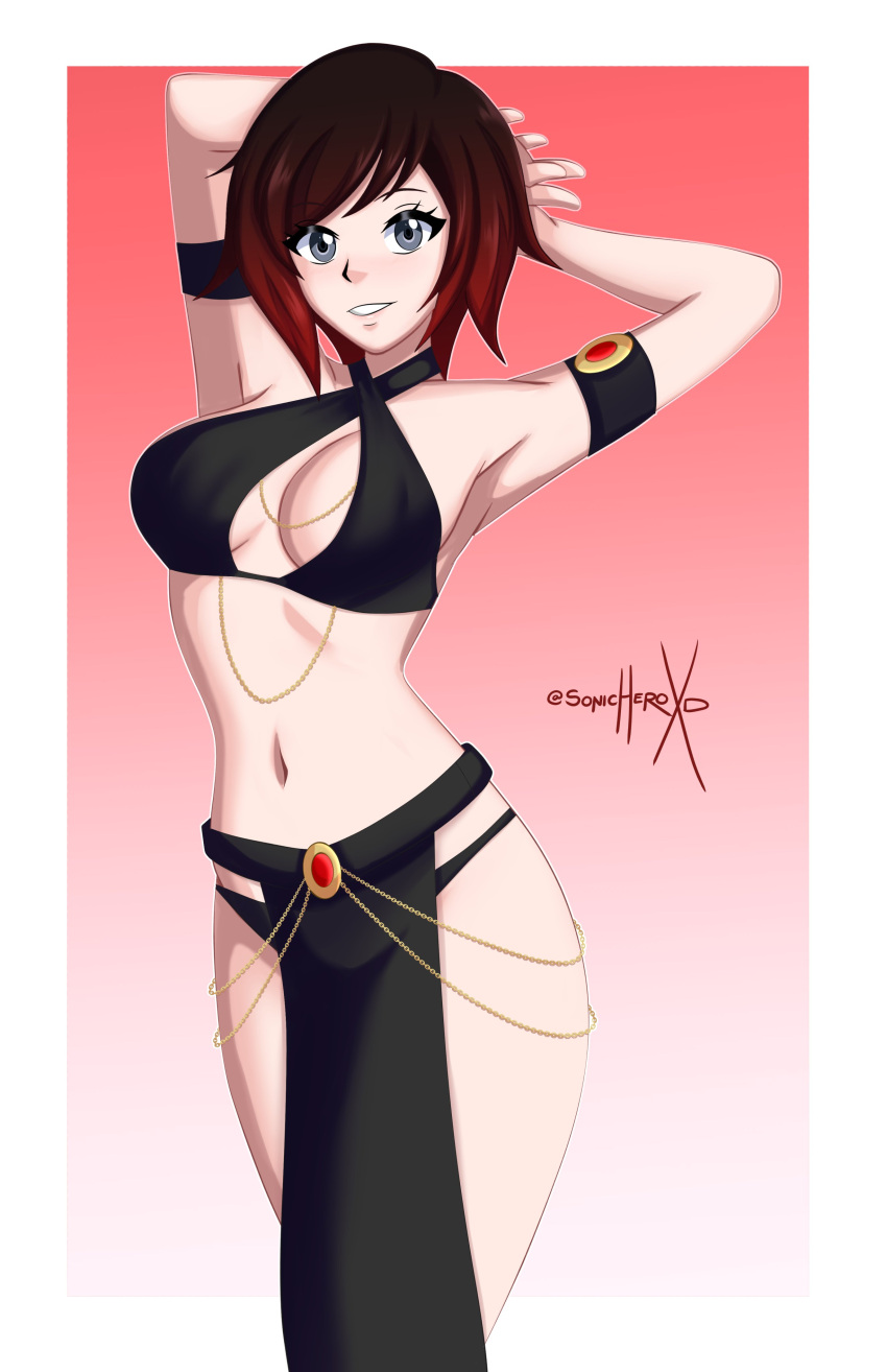 2d alternate_costume artist_name breasts cleavage female female_only fully_clothed light-skinned_female light_skin looking_at_viewer pale-skinned_female pale_skin revealing_clothes ruby_rose rwby solo sonicheroxd watermark