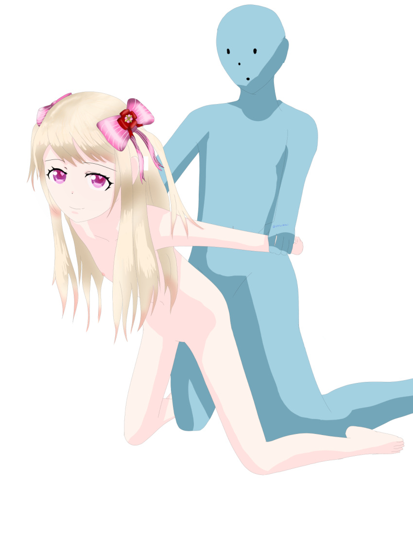 1boy arm_grab blonde_hair blue_skin chaos_marie_(grimms_notes) collarbone colored_skin female gradient_hair grimms_notes hair_ribbon heart heart-shaped_pupils highres kneeling long_hair multicolored_hair nipples nude pink_eyes r18terminal ribbon sex simple_background straight symbol-shaped_pupils white_background