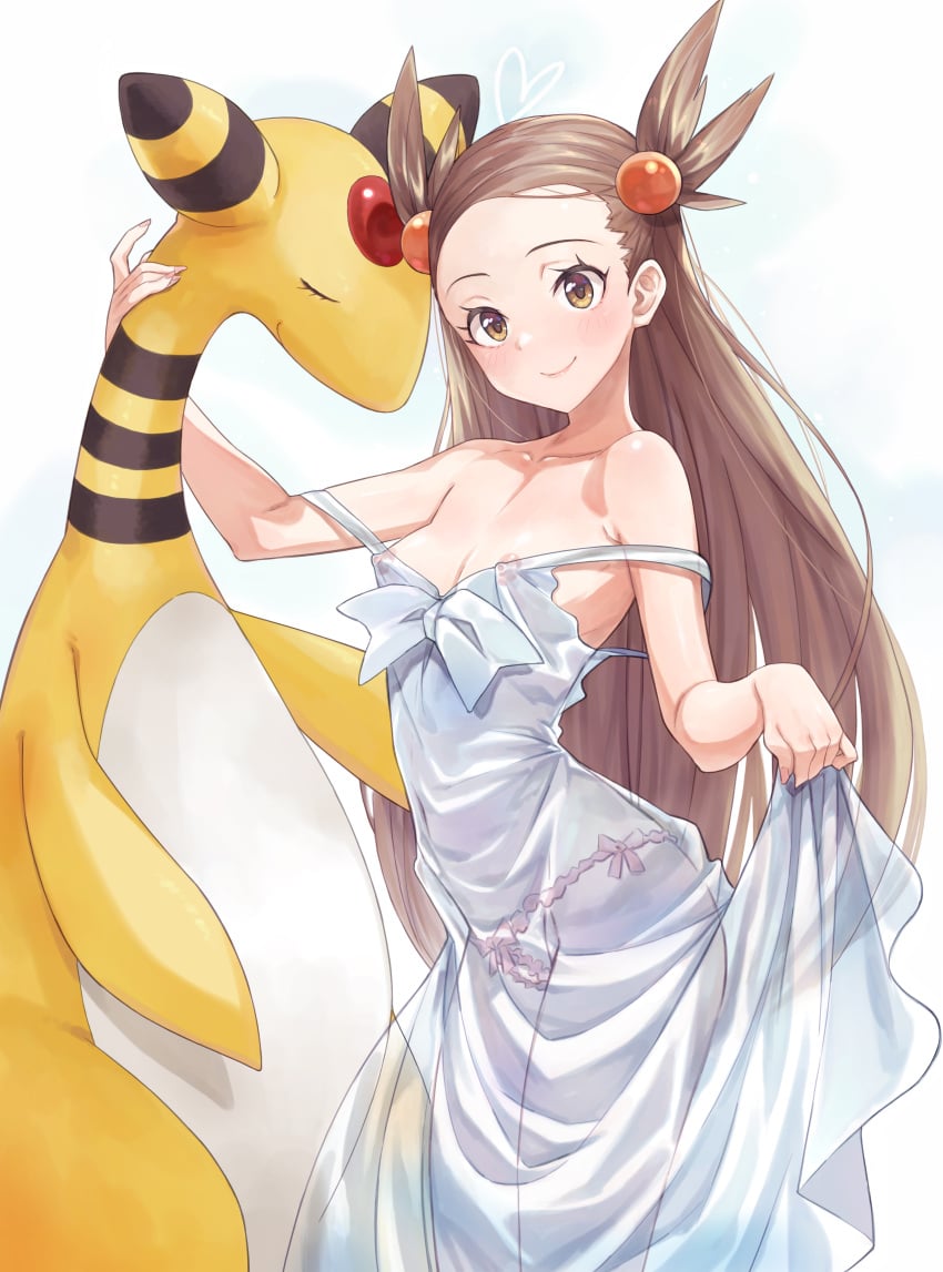 1girls absurd_res absurdres ampharos blush bow bow_panties breasts brown_eyes brown_hair caee_penguin cleavage creatures_(company) dress dress_lift game_freak generation_2_pokemon hair_ornament heart highres jasmine_(pokemon) lingerie long_hair matching_hair/eyes navel nintendo nipples no_bra panties pokemon pokemon_(species) pokemon_gsc see-through see-through_dress slim small_breasts smile strap_slip transparent_clothing very_long_hair