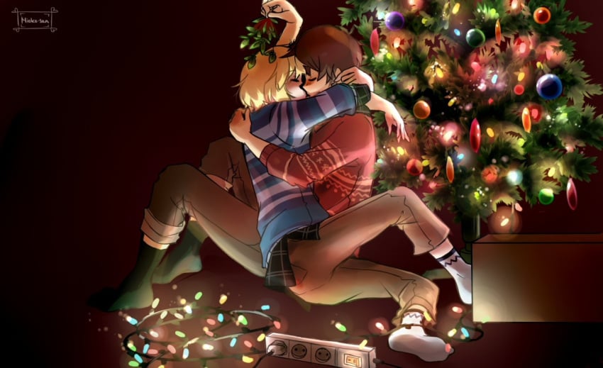 1femboy 2boys androgynous armin_arlert artist_logo artist_name artist_signature ass attack_on_titan big_ass blush blushing_at_partner blushing_male box christmas christmas_clothing christmas_decorations christmas_lights christmas_ornaments christmas_outfit christmas_tree closed_eyes curvy curvy_ass curvy_body curvy_femboy curvy_figure curvy_hips curvy_male curvy_thighs cute_male dim_lighting eren_jaeger femboy fully_clothed gay grabbing_neck grabbing_shoulders hips holding_mistletoe kissing layered_clothing lights making_out merry_christmas mioko-san mistletoe ornament ornaments otoko_no_ko romantic romantic_couple shingeki_no_kyojin simple_background socks sweater thick_ass thick_hips thick_legs thick_thighs thighs twink wide_hips yaoi