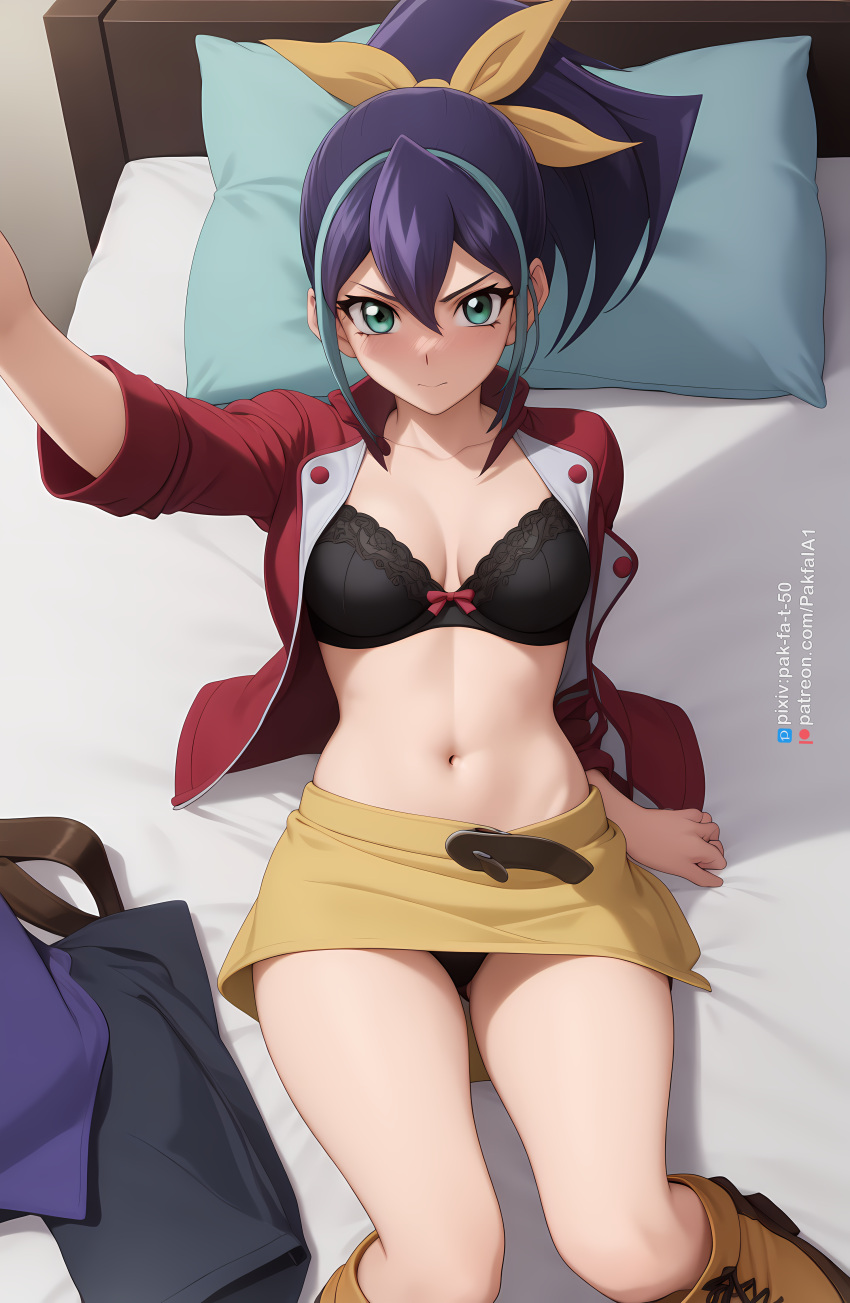 ai_generated bed blue_hair blush bra celina clothing female green_eyes jacket looking_at_viewer navel pak-fa-t-50 panties ponytail ribbon serena_(yu-gi-oh!_arc-v) short_skirt underwear yu-gi-oh! yu-gi-oh!_arc-v