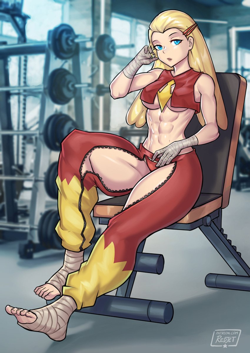 5_fingers 5_toes abs baggy_pants bandage blaziken blonde_hair blurry_background breasts clothes clothing excercise female female_only fit fit_female game_freak gen_3_pokemon gijinka hi_res highres humanized humanized_pokemon looking_at_viewer nintendo pokemon pokemon_(species) redjet solo thong underboob weight_bench weights zipper zipper_down