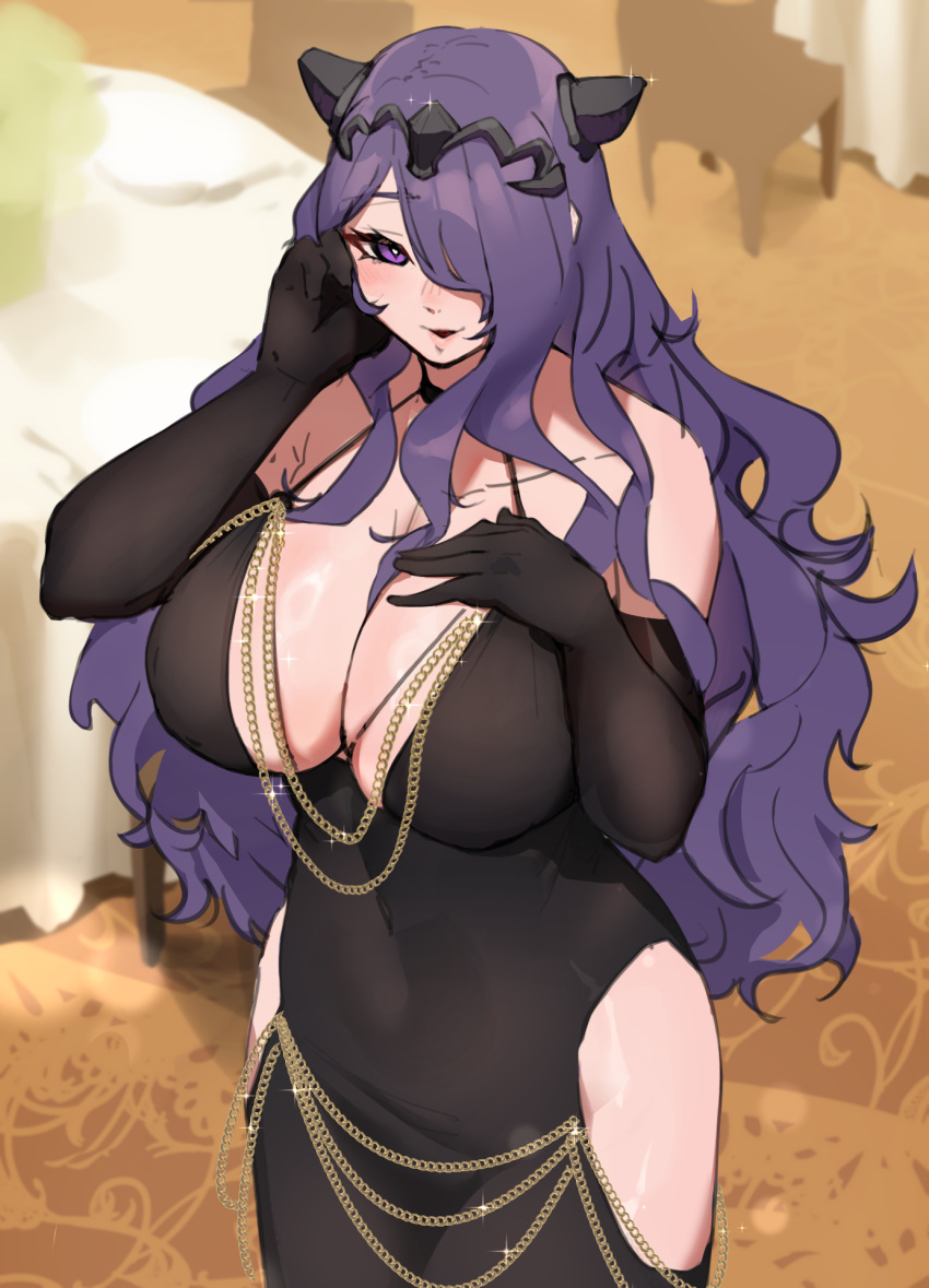 1girls alternate_costume alternate_version_available bare_shoulders black_dress black_gloves black_horns breasts camilla_(fire_emblem) cleavage clothing_cutout dress elbow_gloves fake_horns female female_only fire_emblem fire_emblem_fates gloves hair_ornament hair_over_one_eye highres horns huge_breasts indoors long_hair looking_at_viewer meme_attire modakawa_dress monoi_daru nintendo one_eye_covered purple_eyes purple_hair sleeveless sleeveless_dress smile solo very_long_hair wavy_hair