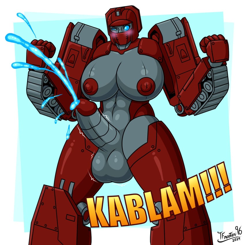 autobot blue_cum blue_eyes blush cum ejaculation futanari hands-free handsfree_ejaculation hasbro onomatopoeia robot robot_girl rule_63 tagme tfmaster96 transformers warpath_(transformers) wink