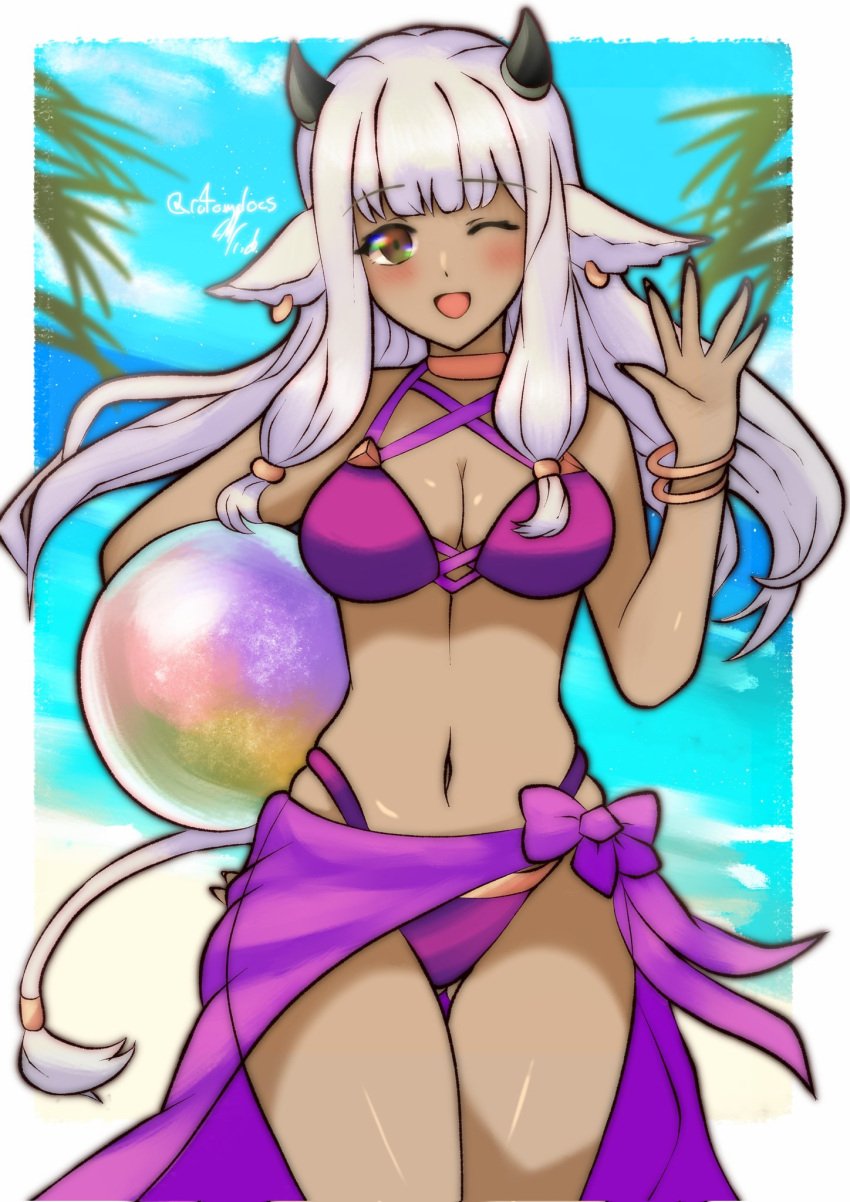 1girls alternate_costume animal_ears ash_(fire_emblem) ass_visible_through_thighs ball bare_shoulders beach beachball bikini black_horns breasts cleavage clothing cow_ears cow_girl cow_horns cow_tail dark-skinned_female dark_skin female female_only fire_emblem fire_emblem_heroes highres horns legs_together long_hair medium_breasts nintendo ocean open_mouth orb outdoors pointy_ears purple_bikini purple_swimsuit rotomdocs smile solo swimsuit tail wide_hips