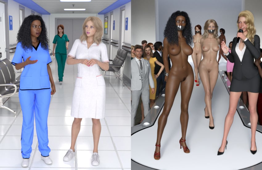 3d auction before_and_after blonde_hair bound bound_wrists completely_nude completely_nude_female dark-skinned_female dark_skin gag gagged getyourclothesoff hospital multiple_boys multiple_girls nude nude_female nurse original runway slave_auction tape_gag